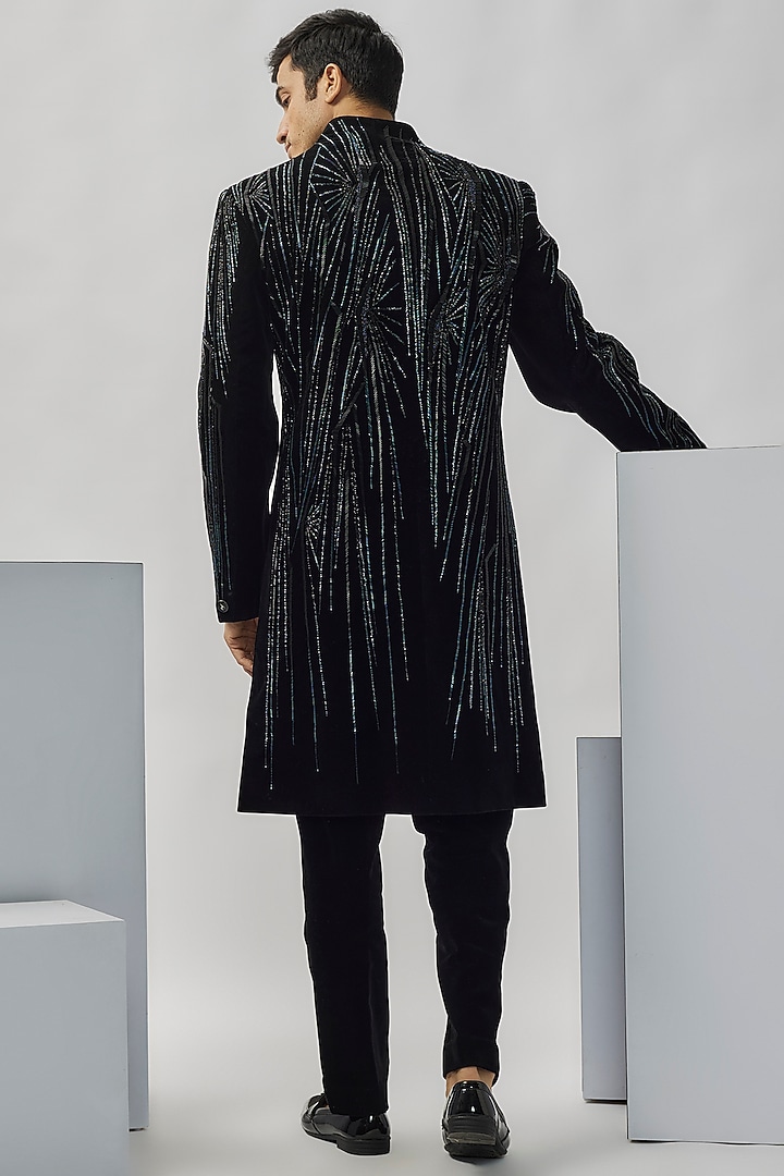 Black Velvet Groom Indowestern Set by Gaurav Gupta Men at Pernia's Pop Up Shop