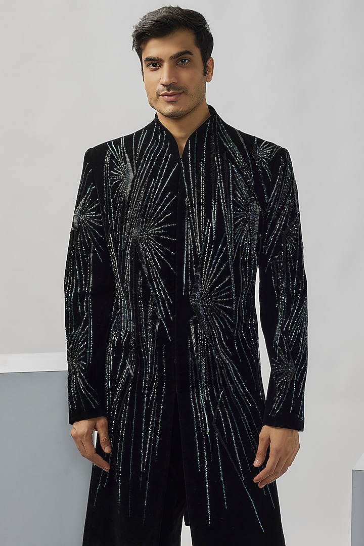 Black Velvet Groom Indowestern Set by Gaurav Gupta Men at Pernia's Pop Up Shop