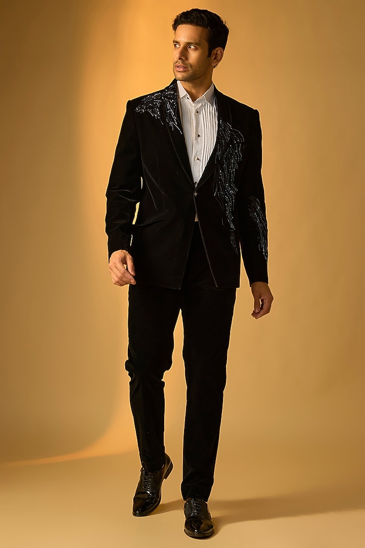 Black Velvet Tuxedo Set by Gaurav Gupta Men at Pernia's Pop Up Shop
