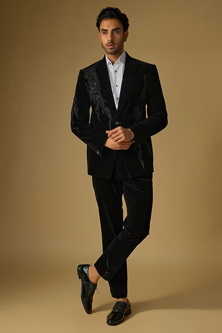 Black Velvet Tuxedo Set by Gaurav Gupta Men at Pernia's Pop Up Shop