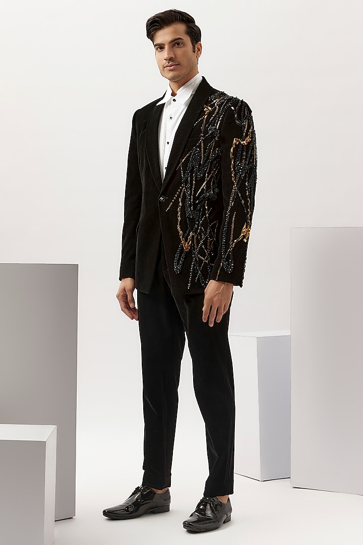 Black Velvet Metallic Embroidered Tuxedo Set by Gaurav Gupta Men