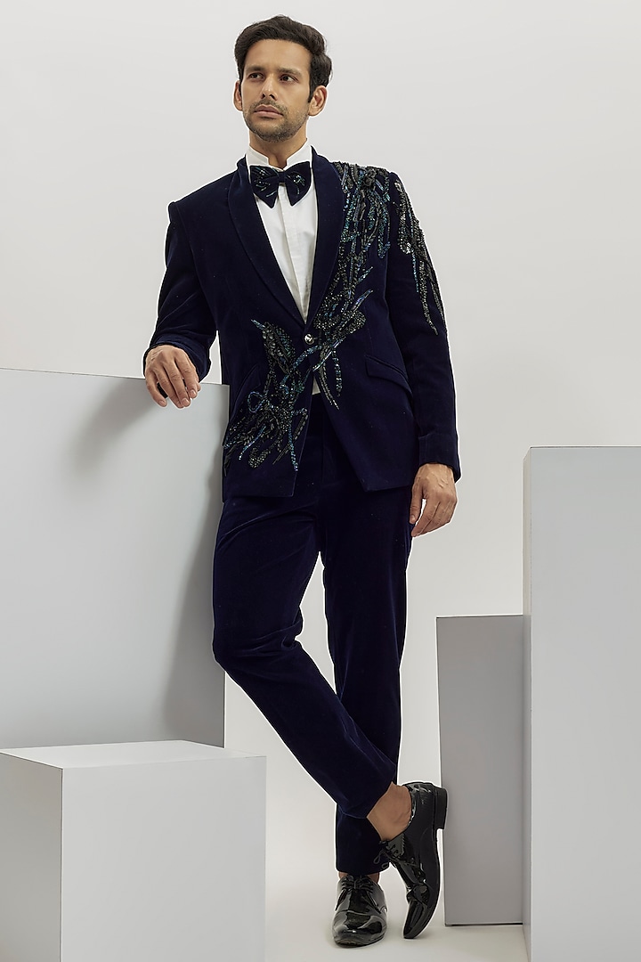 Midnight Blue Velvet Bugle Bead Embroidered Tuxedo Set by Gaurav Gupta Men