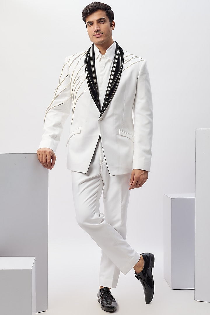 White Suiting Tuxedo Set by Gaurav Gupta Men at Pernia's Pop Up Shop