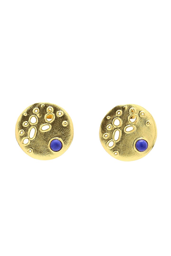 Gold Finish Blue Stone Stud Earrings by Gaia Tree Label at Pernia's Pop Up Shop