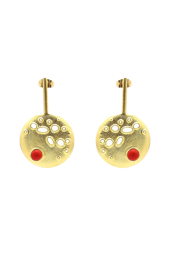 Gold Finish Coral Stone Stiff Dangler Earrings by Gaia Tree Label