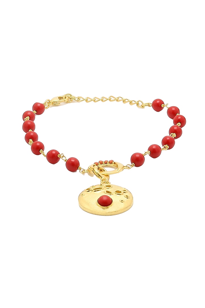 Gold Finish Coral Stone Single Charm Bracelet by Gaia Tree Label