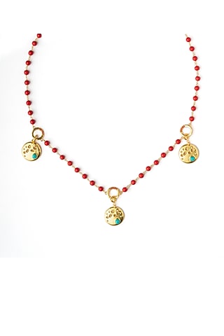 Gold Finish Coral Stone Triple Charm Necklace by Gaia Tree Label