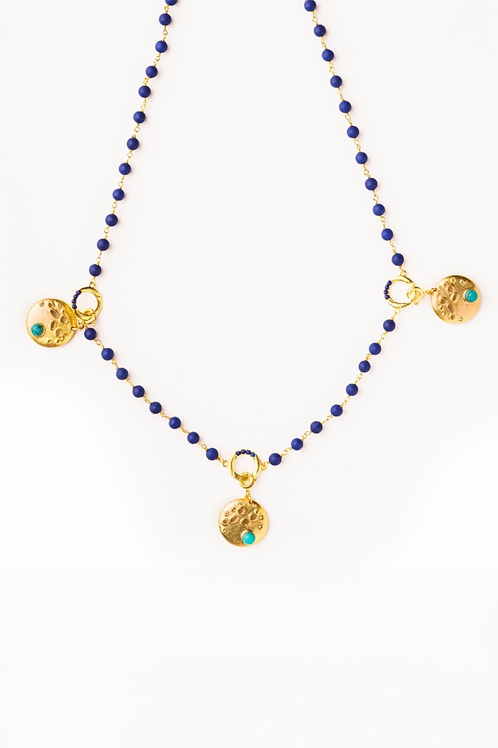 Gold Finish Blue Stone Triple Charm Necklace by Gaia Tree Label