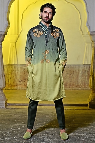 Ombre Green Embroidered Kurta Set by Gaurav Katta
