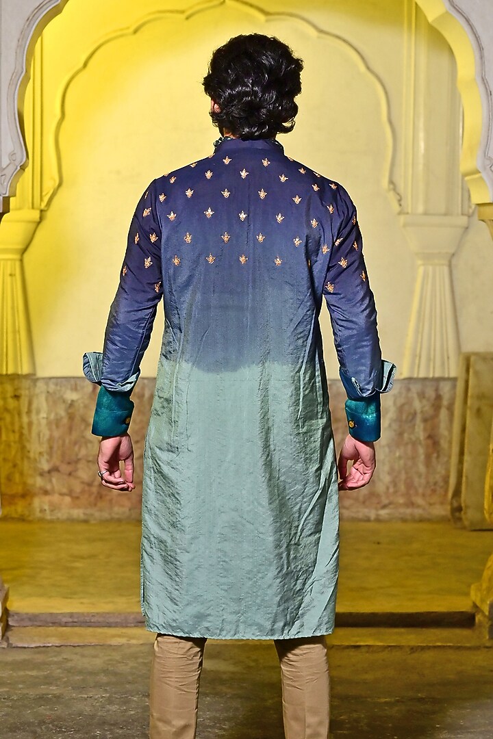 Ombre Blue Modal Silk Embroidered Kurta Set by Gaurav Katta at Pernia's Pop Up Shop