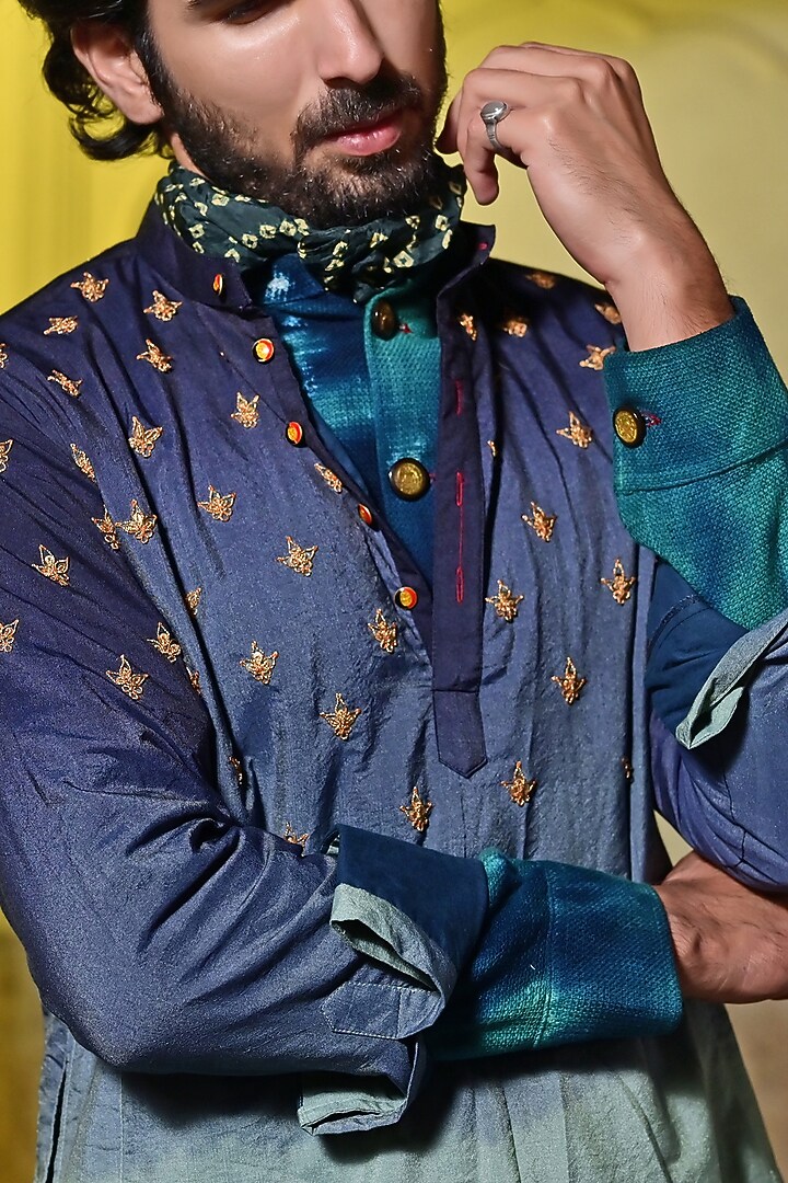Ombre Blue Modal Silk Embroidered Kurta Set by Gaurav Katta at Pernia's Pop Up Shop