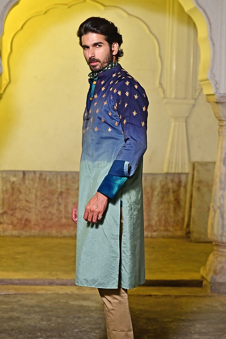 Ombre Blue Modal Silk Embroidered Kurta Set by Gaurav Katta at Pernia's Pop Up Shop
