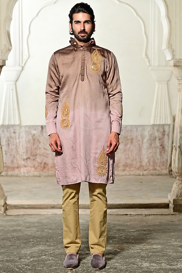 Ombre Brown Embroidered Kurta Set by Gaurav Katta