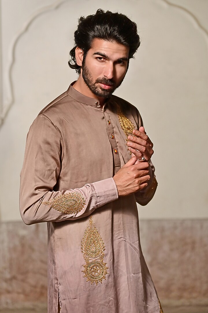 Brown Ombre Modal Silk Sequins Kura Set by Gaurav Katta at Pernia's Pop Up Shop