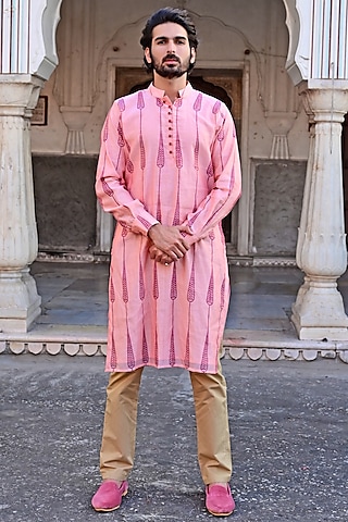 Pink Chanderi Kurta Set by Gaurav Katta