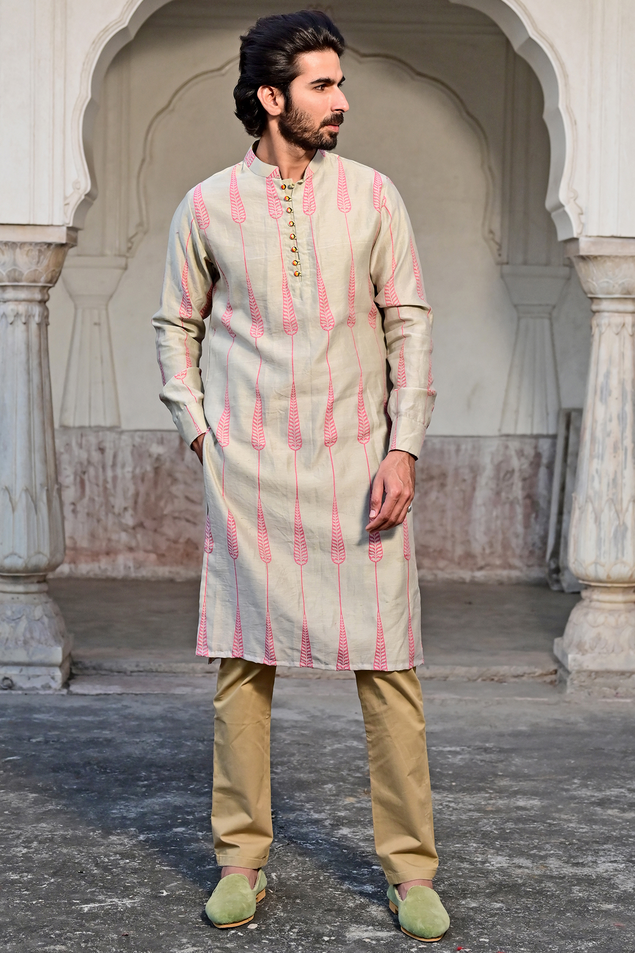 Beige Chanderi Printed Kurta Set by Gaurav Katta