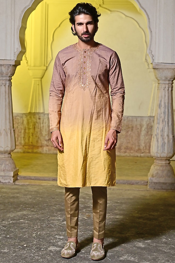 Rosy Brown Ombre Embroidered Kurta Set by Gaurav Katta