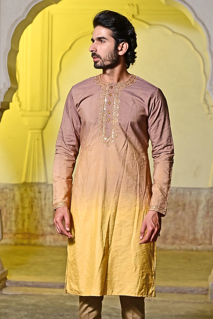 Rose Brown Ombre Summer Silk Sequins Kurta Set by Gaurav Katta at Pernia's Pop Up Shop