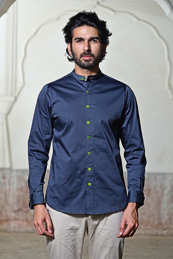 Blue Lycra Cotton Party Wear Shirt by Gaurav Katta at Pernia's Pop Up Shop