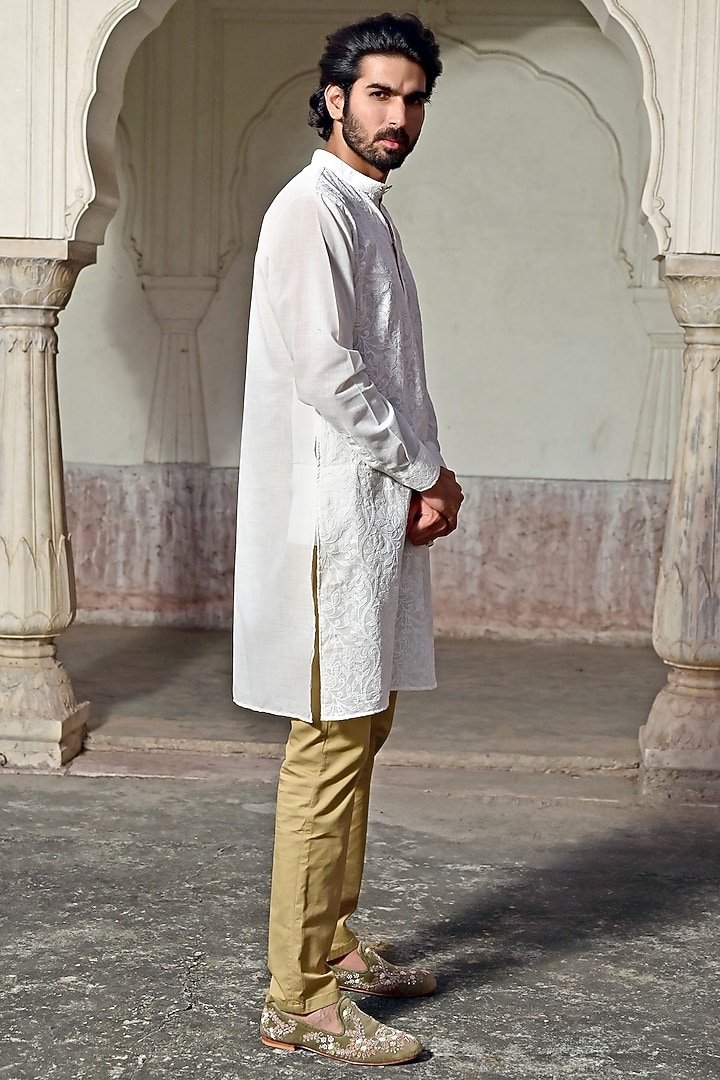White Cotton Mal Embroidered Kurta Set by Gaurav Katta at Pernia's Pop Up Shop