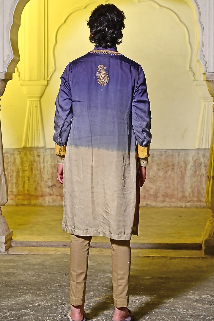 Ombre Indigo & Beige Modal Silk Marodi Work Kurta Set by Gaurav Katta at Pernia's Pop Up Shop