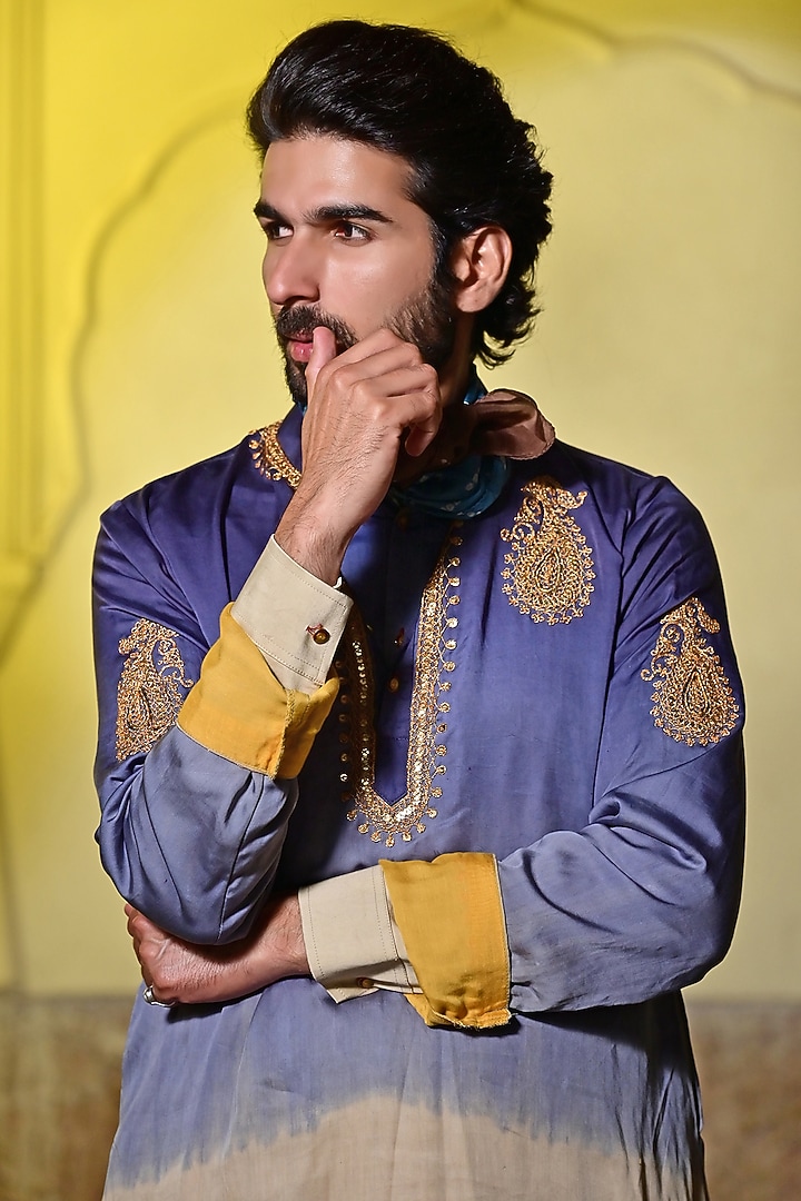 Ombre Indigo & Beige Modal Silk Marodi Work Kurta Set by Gaurav Katta at Pernia's Pop Up Shop
