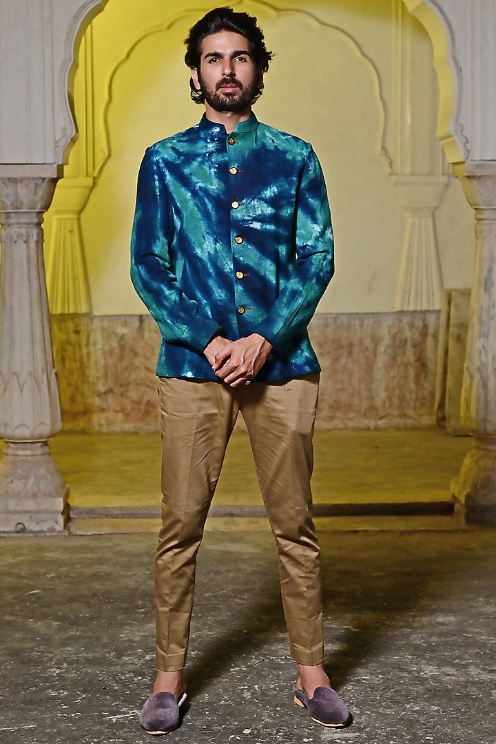 Blue Cotton Checker Textured Shirt by Gaurav Katta