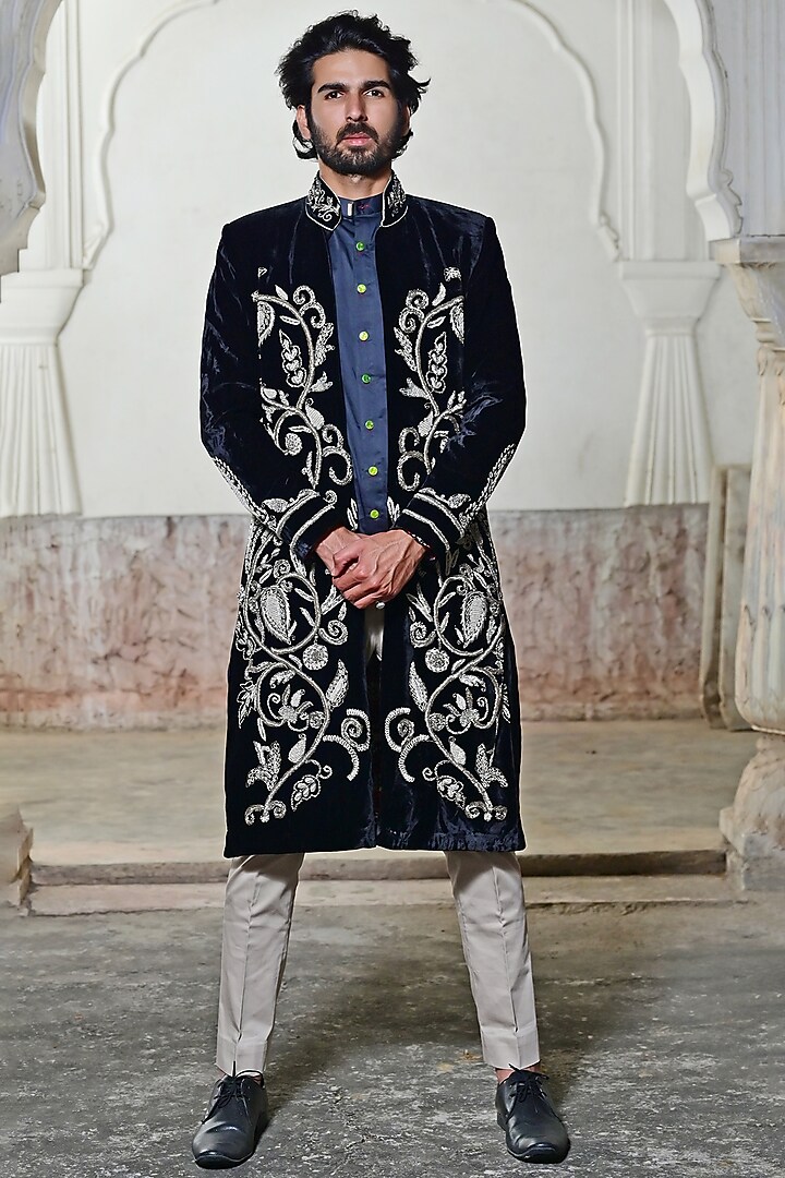 Black Velvet Zardosi Embroidered Sherwani Set by Gaurav Katta