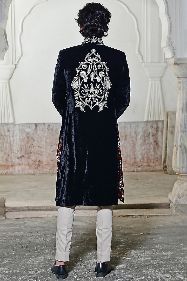 Black Velvet Zardosi Embroidered Groom Sherwani Set by Gaurav Katta at Pernia's Pop Up Shop