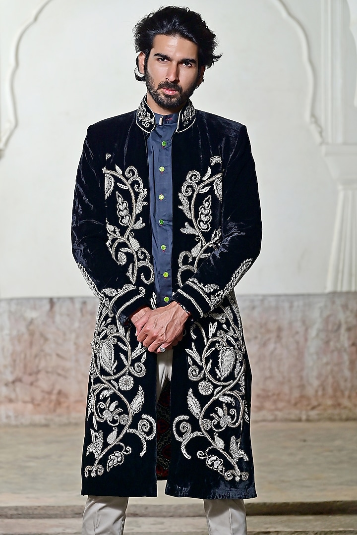Black Velvet Zardosi Embroidered Groom Sherwani Set by Gaurav