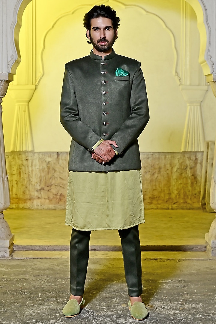 Olive Green Italian Cotton Bandhgala Jacket Set by Gaurav Katta