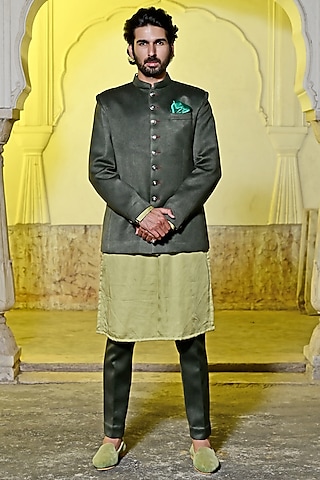 Olive Green Italian Cotton Bandhgala Jacket Set by Gaurav Katta