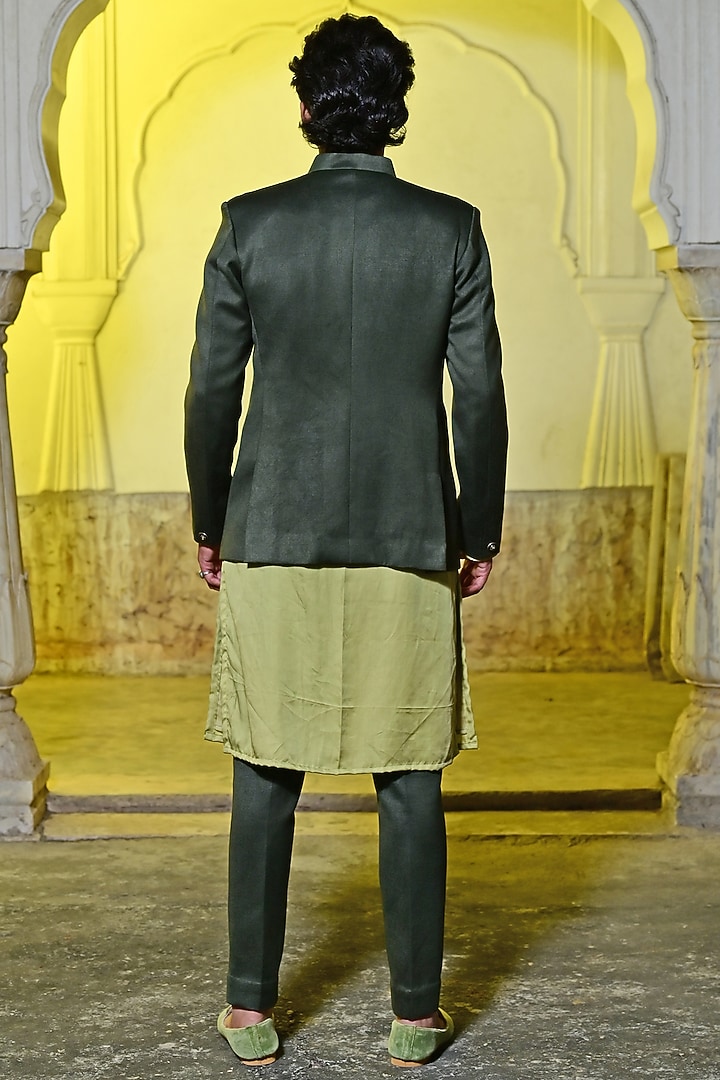 Olive Green Italian Cotton Wedding Bandhgala Jacket Set by Gaurav Katta at Pernia's Pop Up Shop