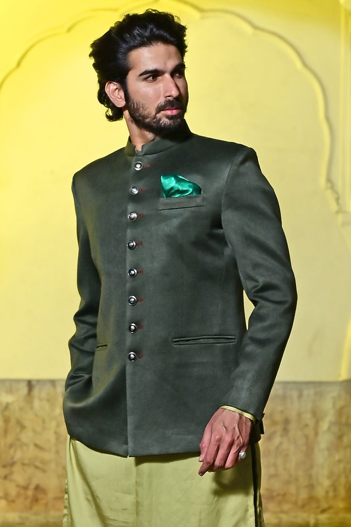 Olive Green Italian Cotton Wedding Bandhgala Jacket Set by Gaurav Katta at Pernia's Pop Up Shop