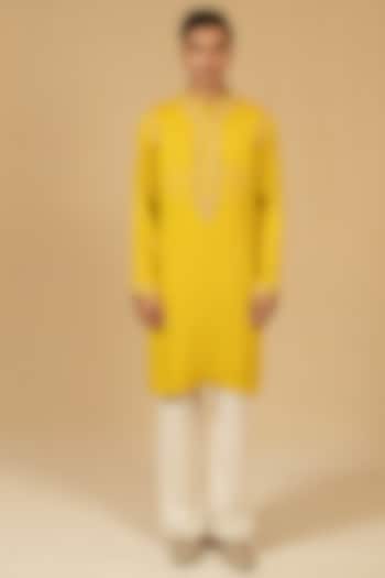 Canary Yellow Modal Satin Zardosi Embroidered Kurta Set by Gaurav Katta at Pernia's Pop Up Shop