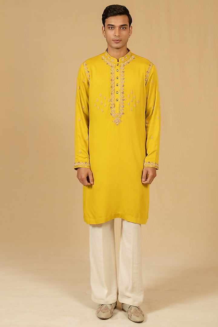 Canary Yellow Modal Satin Zardosi Embroidered Kurta Set by Gaurav Katta at Pernia's Pop Up Shop