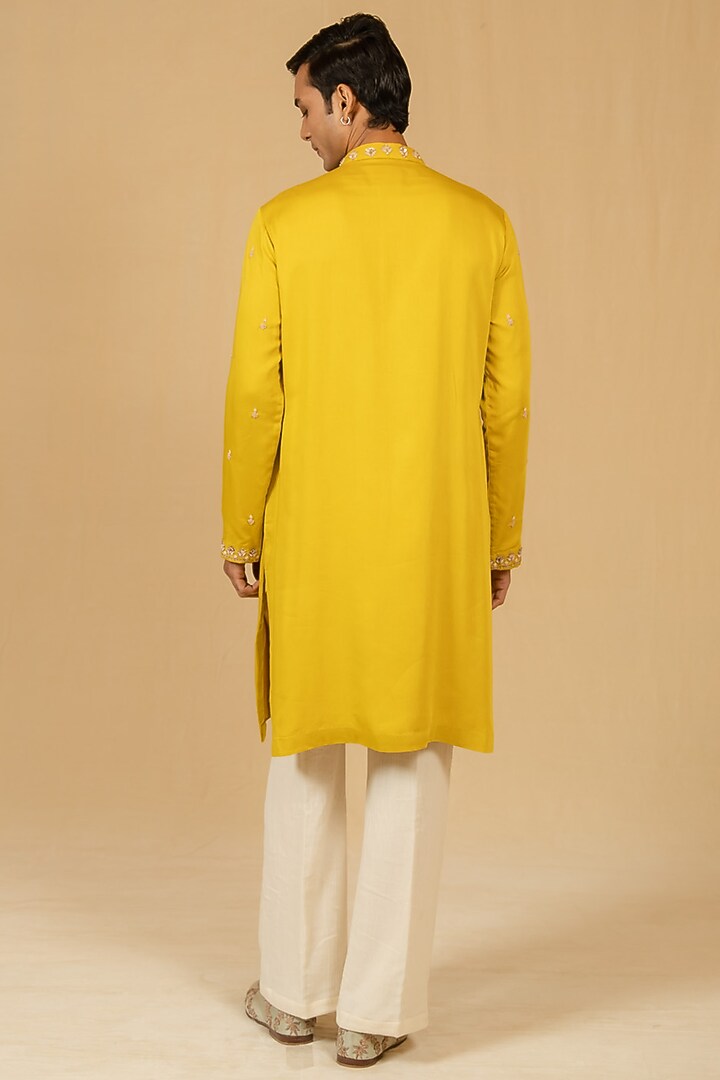 Canary Yellow Modal Satin Zardosi Embroidered Kurta Set by Gaurav Katta at Pernia's Pop Up Shop