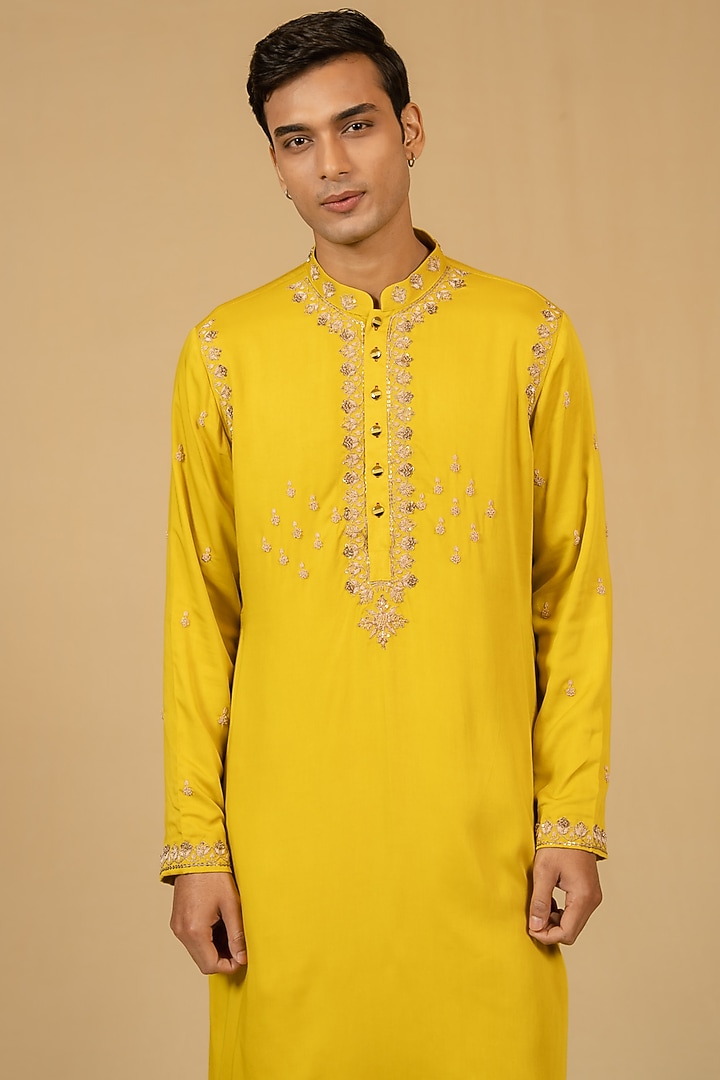 Canary Yellow Modal Satin Zardosi Embroidered Kurta Set by Gaurav Katta at Pernia's Pop Up Shop