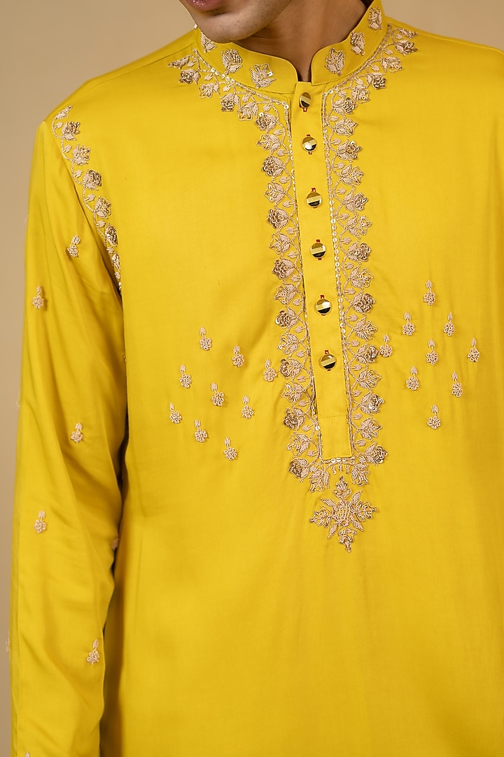 Canary Yellow Modal Satin Zardosi Embroidered Kurta Set by Gaurav Katta at Pernia's Pop Up Shop