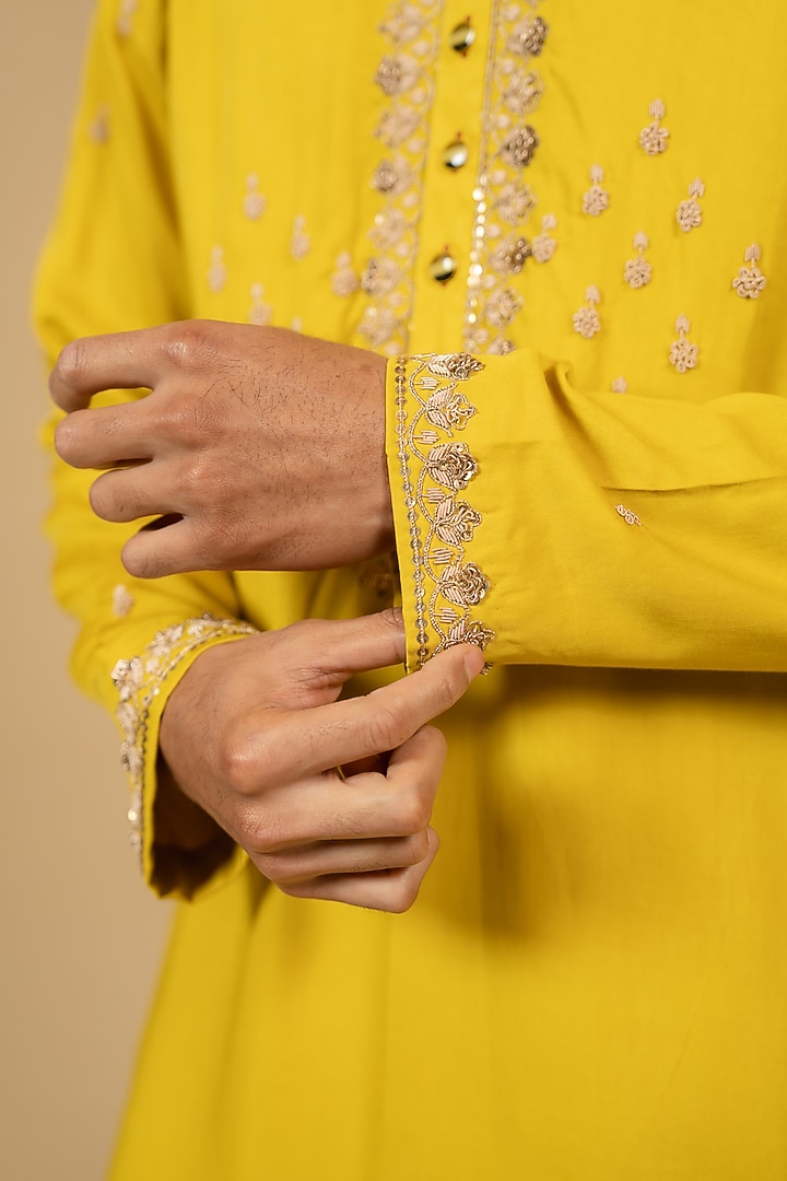 Canary Yellow Modal Satin Zardosi Embroidered Kurta Set by Gaurav Katta at Pernia's Pop Up Shop