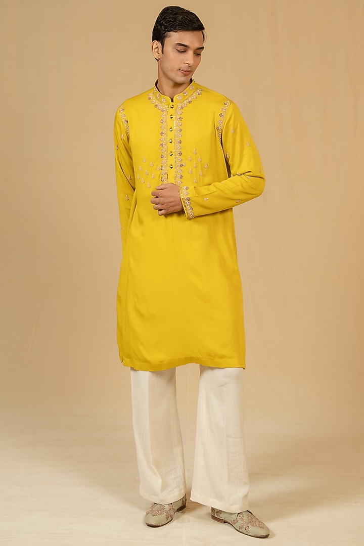 Canary Yellow Modal Satin Zardosi Embroidered Kurta Set by Gaurav Katta at Pernia's Pop Up Shop