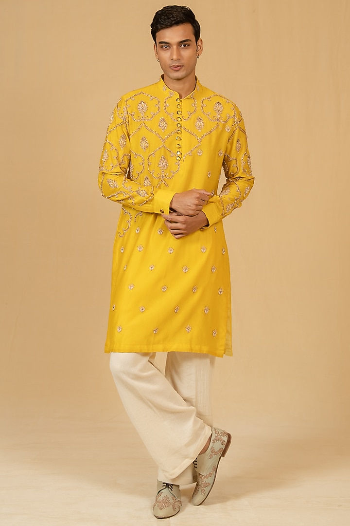 Canary Yellow Silk Chanderi Zardosi Embroidered Kurta Set by Gaurav Katta at Pernia's Pop Up Shop