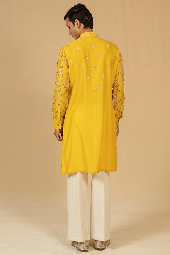 Canary Yellow Silk Chanderi Zardosi Embroidered Kurta Set by Gaurav Katta at Pernia's Pop Up Shop