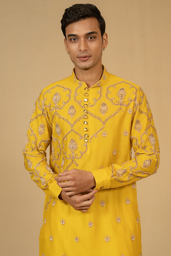 Canary Yellow Silk Chanderi Zardosi Embroidered Kurta Set by Gaurav Katta at Pernia's Pop Up Shop