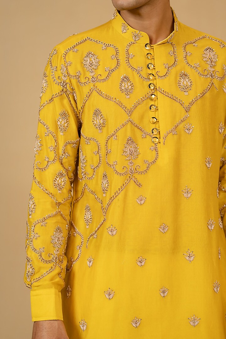 Canary Yellow Silk Chanderi Zardosi Embroidered Kurta Set by Gaurav Katta at Pernia's Pop Up Shop