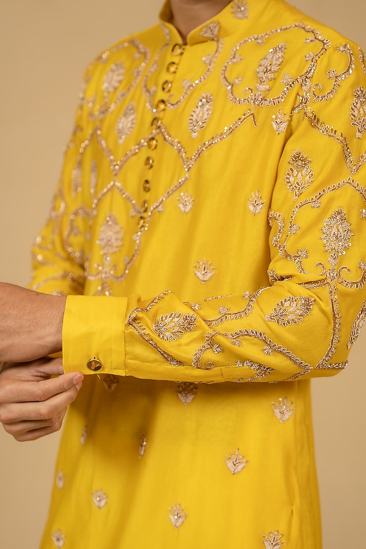 Canary Yellow Silk Chanderi Zardosi Embroidered Kurta Set by Gaurav Katta at Pernia's Pop Up Shop