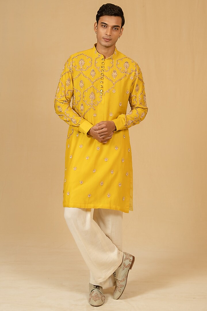 Canary Yellow Silk Chanderi Zardosi Embroidered Kurta Set by Gaurav Katta at Pernia's Pop Up Shop