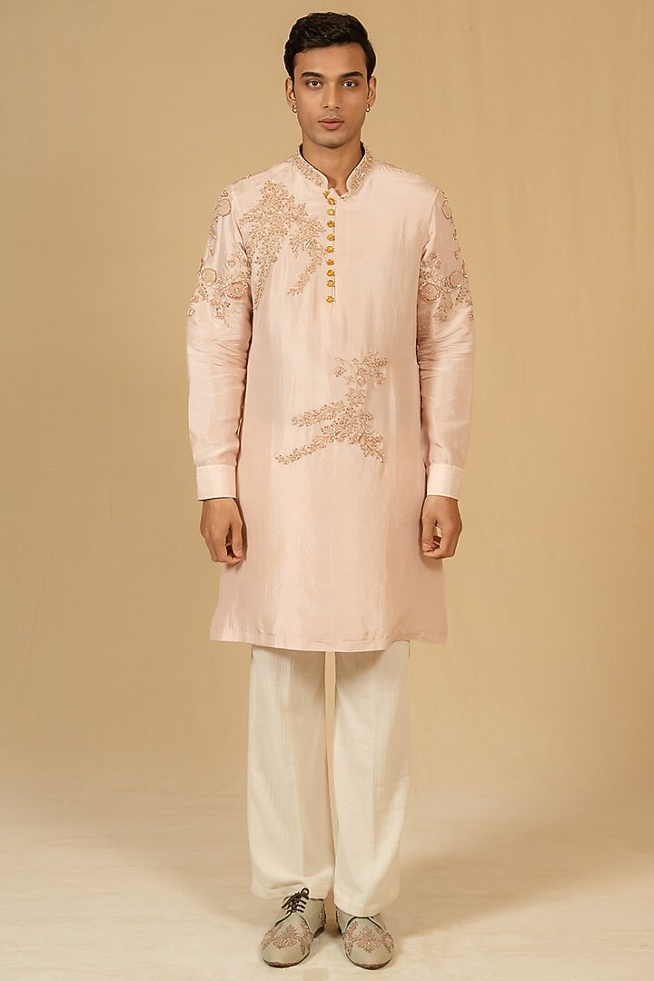 Powder Peach Dupion Silk Zardosi Embellished Kurta Set by Gaurav Katta at Pernia's Pop Up Shop