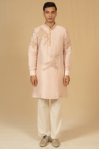 Powder Peach Dupion Silk Zardosi Embellished Kurta Set by Gaurav Katta