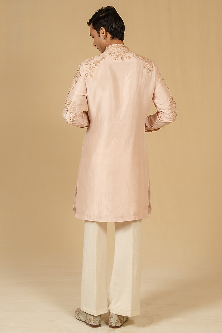 Powder Peach Dupion Silk Zardosi Embellished Kurta Set by Gaurav Katta at Pernia's Pop Up Shop